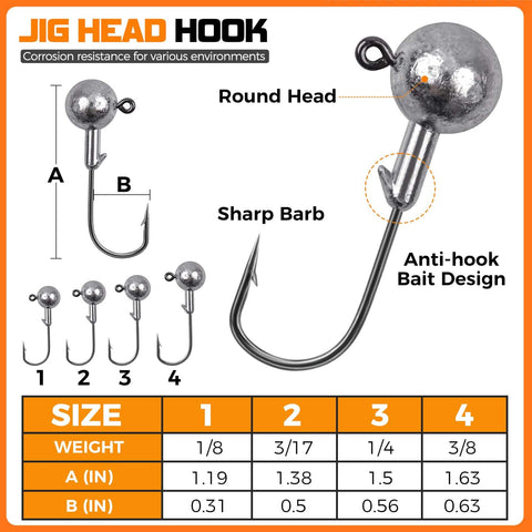 Diagram of round jig heads with sharp barb, anti-hook bait design, part of 108 Piece Tackle Box Fishing Lures Set With Paddle Tail Swimbaits Soft Worms Floating Shrimp Lures And Round Jig Heads For Freshwater Crappie Bass Trout All In One Tackle Kit For Men