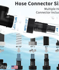Diagram showing multiple hose connectors compatible with Heavy Duty Submersible Sump Pump Workhorse 3/4 HP Portable Utility Water Pump