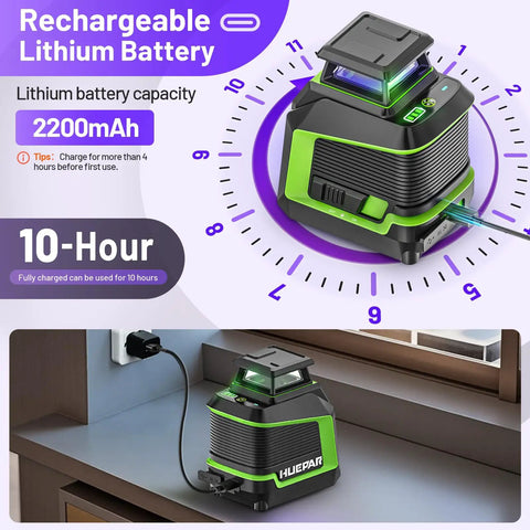 360 Degree Laser Level With Pulse Mode And Self Leveling, 165 Feet Range, Three Brightness Levels, Rechargeable Li Ion Battery, Purple Line Laser Tool For DIY Home Projects, 2200mAh battery, charging on desk
