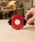 Slick 4 In 1 Wood Router Corner Radius Jig Template Set For Effortless Arc Positioning and Smooth Edge Routing Layout No Mess Marking Stencils With R10 To R25 Multi Sizes Knockout Cabinet Workshop Gear, red jig plate with R15, R20, R25 measurements.