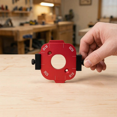 Slick 4 In 1 Wood Router Corner Radius Jig Template Set For Effortless Arc Positioning and Smooth Edge Routing Layout No Mess Marking Stencils With R10 To R25 Multi Sizes Knockout Cabinet Workshop Gear, red jig plate with R15, R20, R25 measurements.