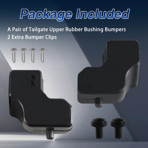 EVRBUL tailgate upper rubber bumper pair, black plastic LH/RH, includes 4 screws and 2 bumper clips