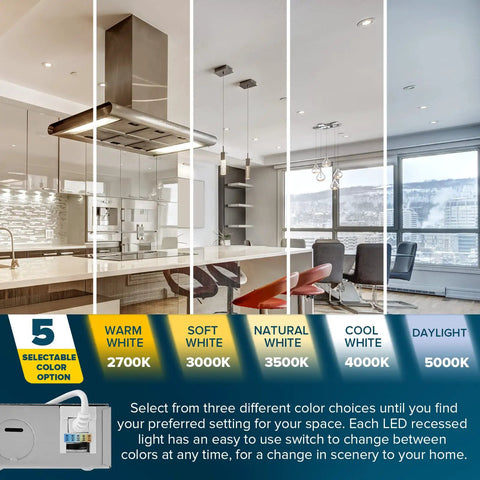 Ultra Thin 3 Inch LED Recessed Lighting Kit With Junction Box, 5 Color Temp Picks 2700K 3000K 3500K 4000K 5000K lighting options