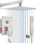 Brushed Nickel Rain Shower System With 12 Inch Square Rainfall Shower Head, High Pressure Fixture, Wall Mount, Handheld Sprayer