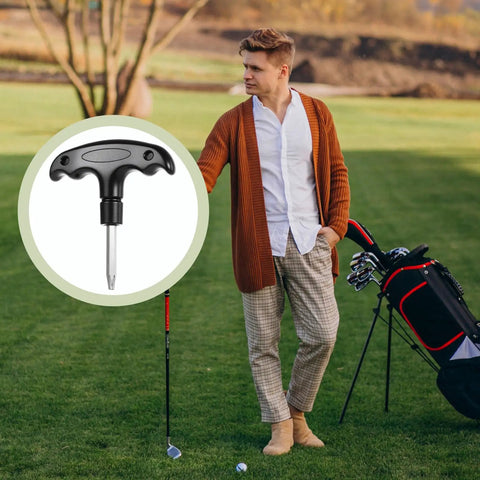 Adjustable Golf Wrench Tool For Driver Heads, Stainless Steel, Plastic Handle, Head Adjustment Tool For Club Drivers, Shaft Adapter Torque Tool, Precision Fit, Black shown in a golfer's setup on a course.