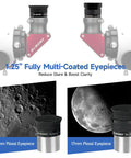 1.25-inch eyepieces with 6mm and 17mm Plossl in 7 Piece Telescope Eyepiece And Filter Accessory Kit With 1.25 Inch Eyepieces, 2x Barlow Lens, Three Filters And Hard Case Ideal Starter Set For Beginner Astronomy Plossl 6mm And 17mm Eyepieces 48 Degree Field Of View