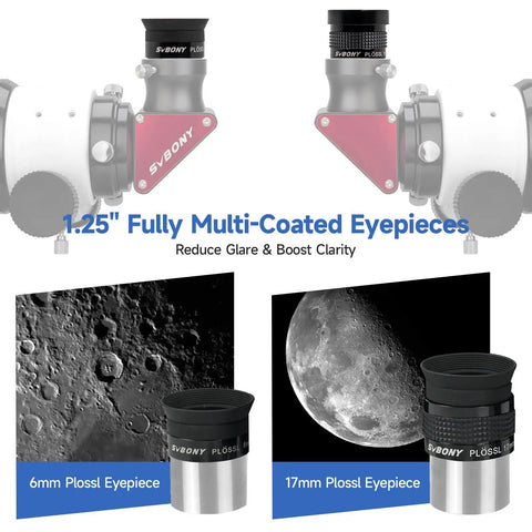 1.25-inch eyepieces with 6mm and 17mm Plossl in 7 Piece Telescope Eyepiece And Filter Accessory Kit With 1.25 Inch Eyepieces, 2x Barlow Lens, Three Filters And Hard Case Ideal Starter Set For Beginner Astronomy Plossl 6mm And 17mm Eyepieces 48 Degree Field Of View
