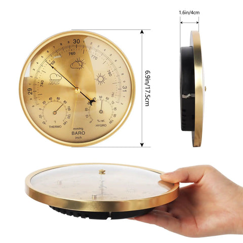 Three In One All Season Wall Hanging Weather Station With Thermometer Barometer And Hygrometer gold aluminum