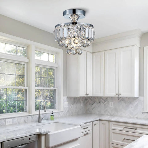 Modern Chrome Crystal Semi-Flush Mount LED Chandelier Ceiling Light For Dining Room Living Room Bedroom And Bathroom 9 Inch Diameter 10 Inch Height Crystal Tube Design Tarnish-Resistant And Durable installed in kitchen