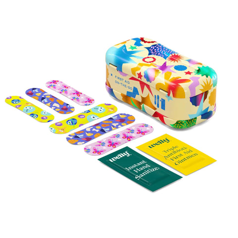 Grab Your Essentials And Keep It Solid With This Portable First Aid Kit Loaded With Flex Fabric Bandages Triple Antibiotic Ointment Wipes And Sturdy Metal Case For Hassle Free Quick Fixes On The Fly with colorful bandages and tin.