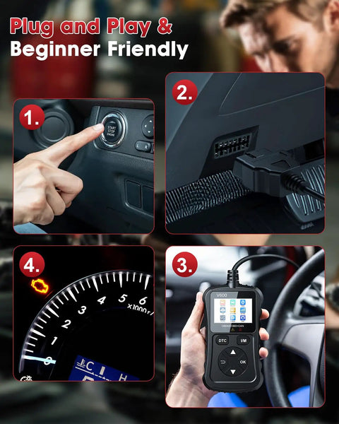 OBD2 Scanner Car Code Reader With Voltage Test Plug And Play CAN Diagnostic Tool usage steps and display interface overview