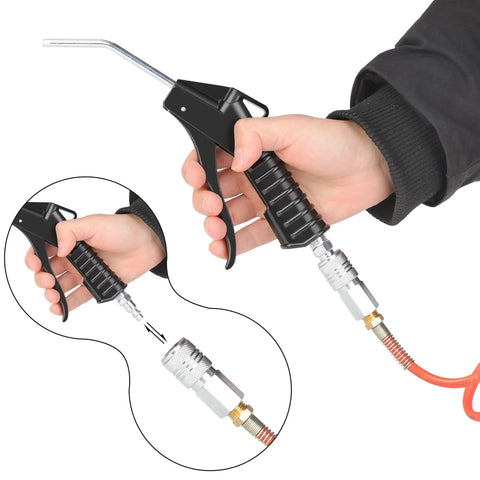 4 Piece Air Blow Gun Kit With One Quarter Inch Brass Inlet And Angled Nozzle For Tight Spaces Pistol Grip Includes Four Air Plugs