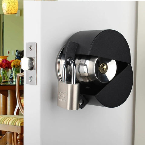 Built Tough Door Knob Lockout Cover Keeps Spaces Locked Down With Zero Drama Blocks Knob Turning And Key Access on a door knob with padlock.
