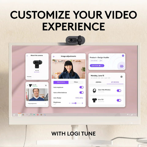 Straight Up Full HD 1080P Business Webcam With Intelligent Auto Light Tuning For Razor Sharp Virtual Meetings And Google Meet Certified mounted on a monitor displaying customization settings.