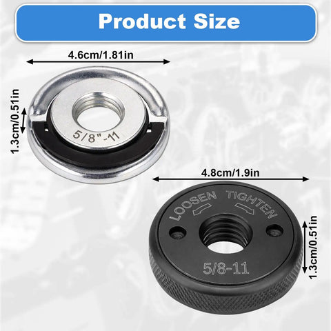 Image showing size dimensions for Two Pack 5/8-11 Angle Grinder Flange Nuts With Quick Release D Ring Lock Nut And Knurled Arbor Nut.