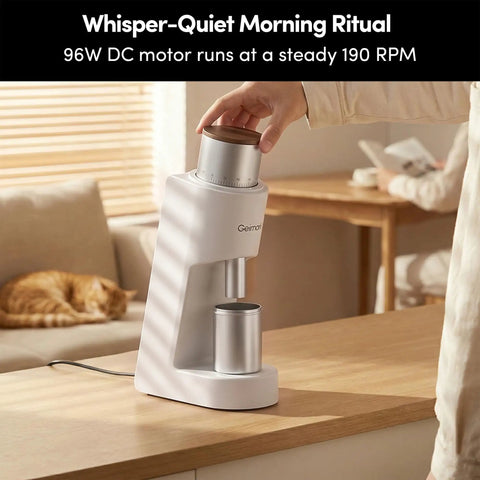 Top Tier Single Dose Coffee Grinder Built For Killer Extraction features sleek design with stainless steel dosing cup on a wooden table.