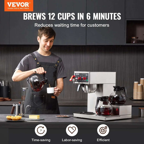 12 Cup Commercial Drip Coffee Maker with 3 Glass Carafes and 3 Warmer Plates, Stainless Steel Pour Over Brewer in kitchen setting