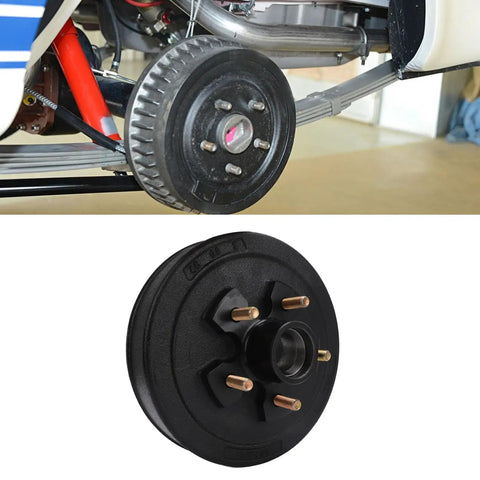 Genuine Heavy Duty 10 Inch Trailer Brake Hub Drum with 5 bolts installed on trailer axle, showing anti-corrosion design.