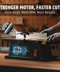 Six Inch Benchtop Jointer With 15 Amp Motor And 12000 Rpm For Slick Cuts adjustable fence, showing controls and cutting action.