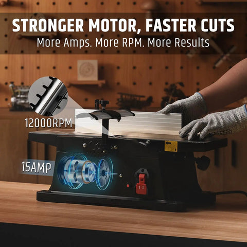 Six Inch Benchtop Jointer With 15 Amp Motor And 12000 Rpm For Slick Cuts adjustable fence, showing controls and cutting action.