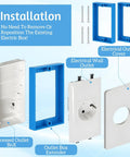 Twelve Piece Half Inch Single Gang Electrical Box Extender Kit With Twenty Four Screws For Outlets And Switches Blue Keeps Receptacles Flush And Prevents Recessed Sockets For A Seamless No Fuss Installation, showing components for installation.