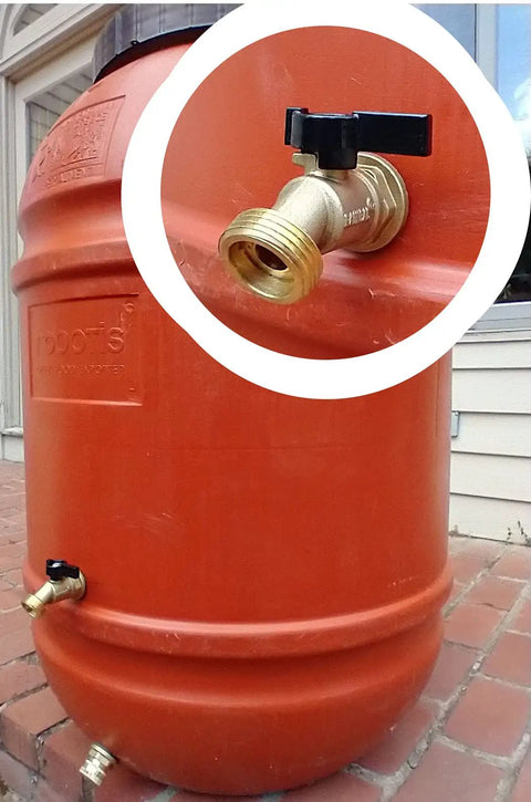 Brass Rain Barrel Spigot With Garden Hose Hookup, Solid Quarter Turn Ball Valve, Lead Free Compliant, Leak Proof, Rust Proof, Freeze Proof, Aluminum Handle, For Open Top Barrels And Rainwater Containers on red rain barrel