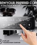 Pro Level Home Espresso Machine With Built In Conical Burr Grinder 20 Bar Pressure Touchscreen Interface One Touch Brewing showing LED controls and grinder.