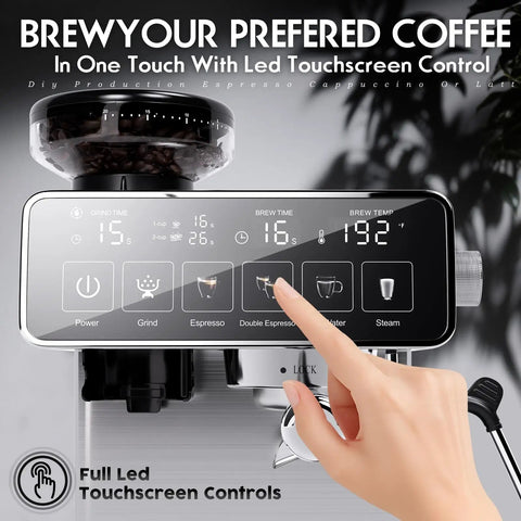 Pro Level Home Espresso Machine With Built In Conical Burr Grinder 20 Bar Pressure Touchscreen Interface One Touch Brewing showing LED controls and grinder.