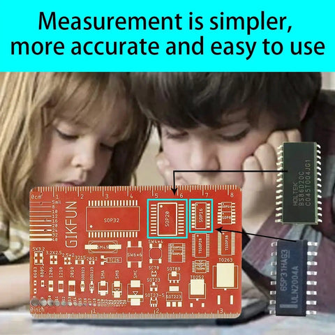Pack Of 3 PCB Ruler And SMD Component Reference Measuring Tool with Resistor Capacitor IC Stencil displayed on table.