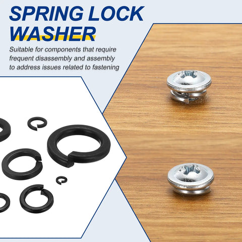 M8 Stainless Steel Split Lock Washers With Black Coating, 304 Grade Rust Resistant Locking Rings shown with screws on wood surface