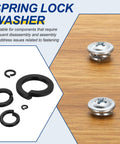50 Pcs M6 Split Lock Washers Carbon Steel Black Oxide Spring Locking Rings For Screws Bolts Furniture And DIY Projects Durable Anti Loosening Hardware with example usage on wooden surface