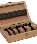 Top Shelf German Alloy Steel Forstner Bits Five Piece Set Imperial Sizes 5/8 To 1 3/8 Inch in wooden case for smooth drilling.