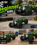 Dope 2.4GHz 1:18 RC Car For Beginners With LED Lights shown on asphalt, driveway, playroom, and living room surfaces.