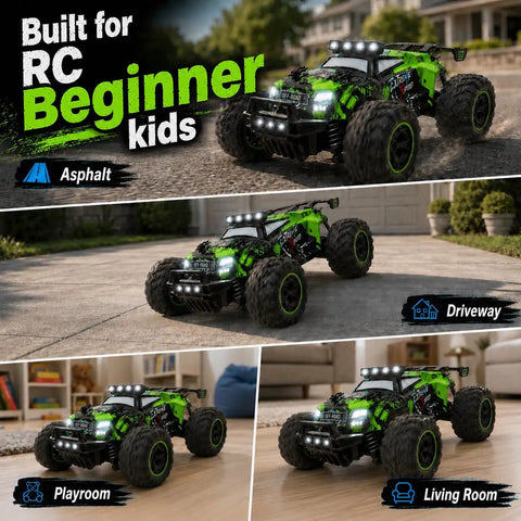 Dope 2.4GHz 1:18 RC Car For Beginners With LED Lights shown on asphalt, driveway, playroom, and living room surfaces.
