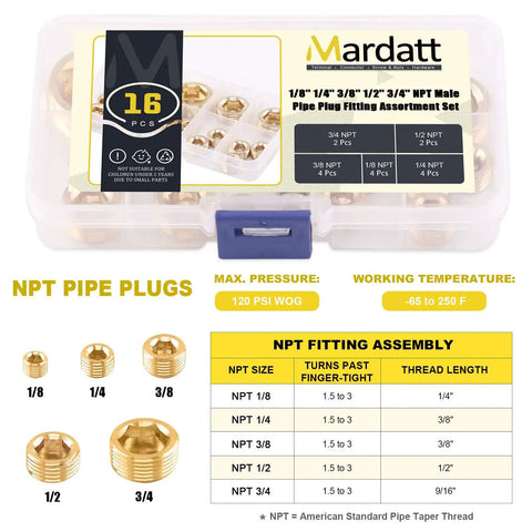Brass NPT Pipe Plugs Kit 16-Piece, 5 Sizes 1/8 1/4 3/8 1/2 3/4 Inch, Internal Hex Countersunk Male Thread, storage case displayed