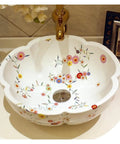 Handmade Ceramic Vessel Sink With Snazzy Floral Patterns For Above Counter Vanity Basins In Fresh Modern Bathrooms White Flower Wash Bowl featuring colorful floral designs.