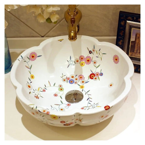 Handmade Ceramic Vessel Sink With Snazzy Floral Patterns For Above Counter Vanity Basins In Fresh Modern Bathrooms White Flower Wash Bowl featuring colorful floral designs.