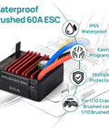 60A Waterproof Brushed ESC For 2 To 3S LiPo RC Cars Trucks Boats And 1/10 Scale Crawlers High Current Electronic Speed Controller with features