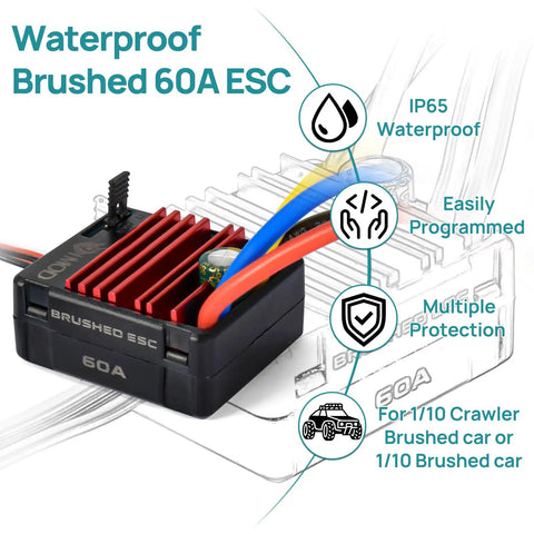 60A Waterproof Brushed ESC For 2 To 3S LiPo RC Cars Trucks Boats And 1/10 Scale Crawlers High Current Electronic Speed Controller with features