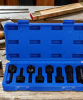 Front view of blue plastic case housing 8-piece 1/2-inch drive impact hex socket set