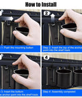 Installation steps for Five Pack Heavy Duty E Track Tool Hangers With 600 Lb Capacity, showing hands fixing hangers to track.