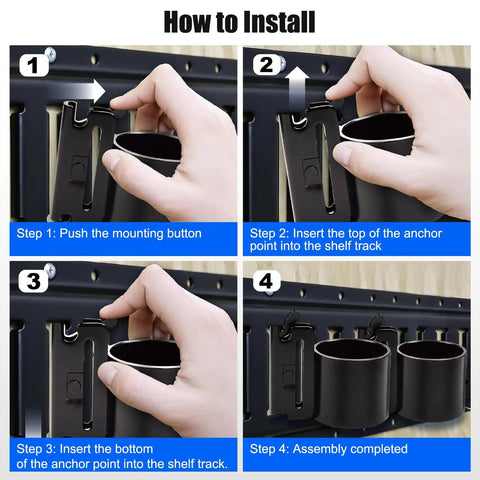 Installation steps for Five Pack Heavy Duty E Track Tool Hangers With 600 Lb Capacity, showing hands fixing hangers to track.