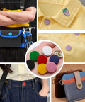 120 Piece Leather Snap Button Kit With 15Mm Fasteners, multiple colors shown on clothes, bags, and wallets, DIY craft use.