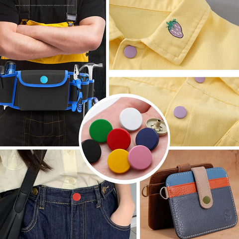 120 Piece Leather Snap Button Kit With 15Mm Fasteners, multiple colors shown on clothes, bags, and wallets, DIY craft use.