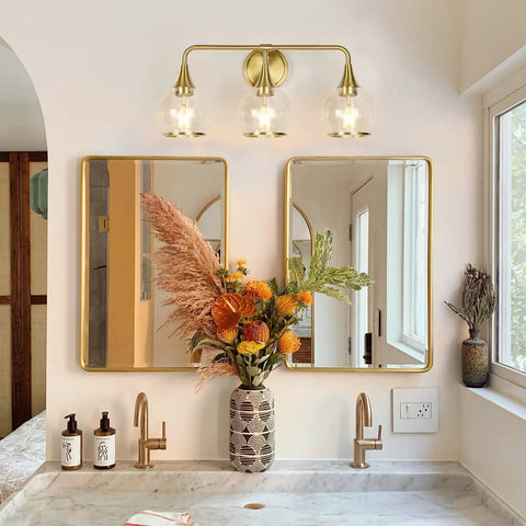 Gold Three Light Vanity Light Over Mirror With Clear Glass Shades, 22.4 Inch Wall Sconce Bath Fixture, Dope Mid Century Vibe For Master Bathroom, Bulbs Not Included