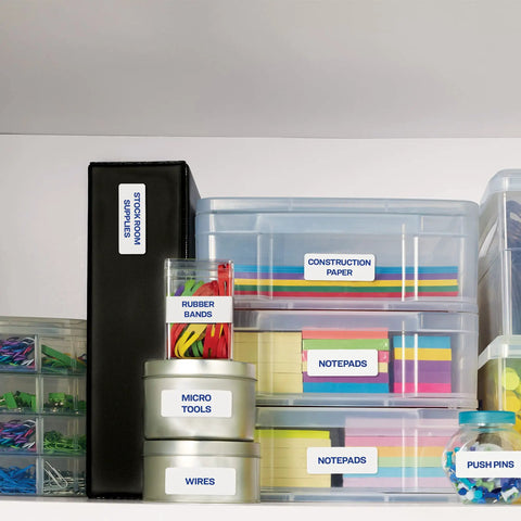 Level Up Your Shipping Game With These Super Slick Printable Address Labels Designed With Hassle Free Sure Feed Tech Smooth Peeling 1X2 5/8 Customizable White Stickers 750 Count Premium Sheets For Everyday Organization Needs placed on labeled storage bins.