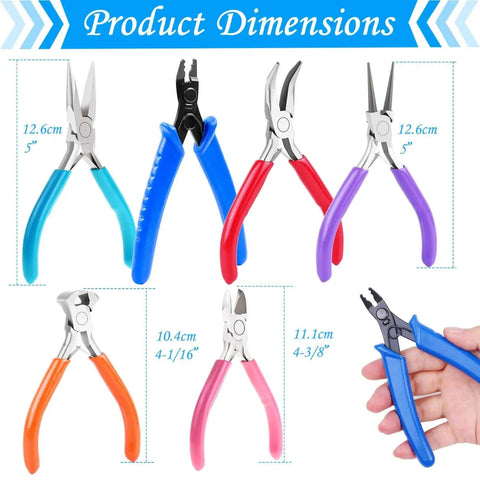 Beading And Jewelry Making Tools Kit 6 Piece Set With Needle Nose Pliers Round Nose Pliers Bent Nose Pliers Wire Cutters Crimping Pliers And End Nippers For DIY Beads Craft Projects And Pro Jewelry Making, 5-inch pliers set