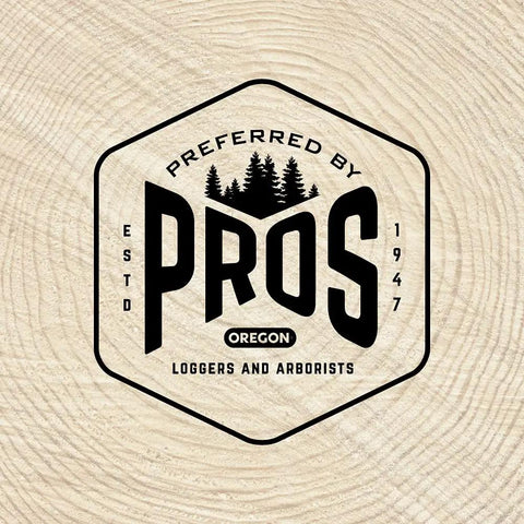 Logo with trees and text 'Preferred by Pros', round wood texture background, related to chainsaw oil lubrication product.