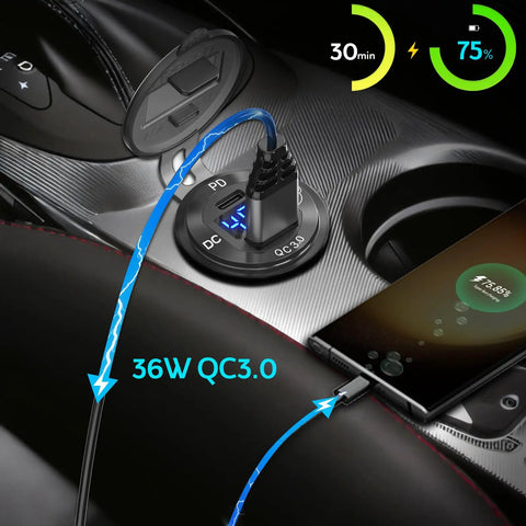 Badass Heavy Duty High Voltage USB Power Adapter 12V To 60V Aluminum Cigarette Lighter Socket With PD 30W And QC 36W Waterproof DIY Kit For Cars Trucks Ships Straight Outta Box connected to smartphone in car.