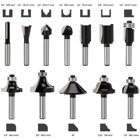 One Quarter Inch Router Bit Set With Tungsten Carbide Tips And Black Powder Coat Finish, 12 Piece Kit For Beginners To Semi Pros Woodworking